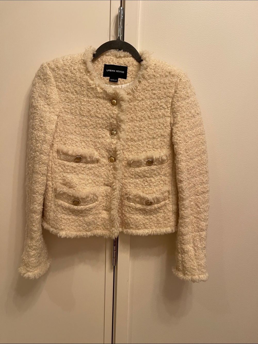 Urban Revivo Cream Bouclé Collarless Blazer with Gold Buttons